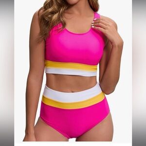NWT Dipinon High Waist Colorblock Sporty Athletic Moderate Coverage Swim Set M